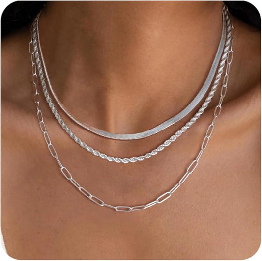Layered Gold Necklace for Women Dainty 14K Gold/Silver Plated Stacked Necklace for Women Trendy Cuban Paperclip Herringbone Chain Diamond Pendant Necklaces Jewelry Set Accessories Gift