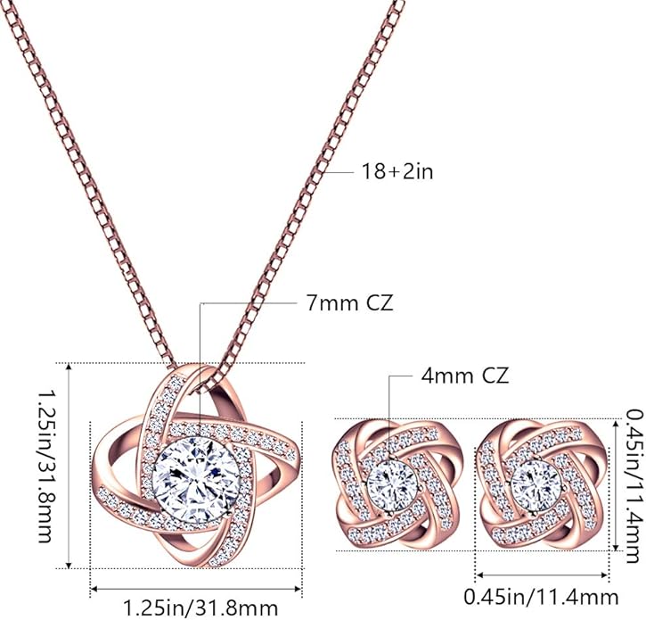 AMYJANE Bridal Jewelry Set for Women - Crystal Cubic Zirconia Love Knot Necklace Stud Earrings Elegant CZ Jewelry Set for Wedding Bride Bridesmaids Gift Set