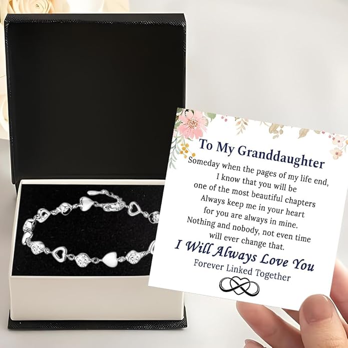 To My Granddaughter Heart Bracelet, Meaningful Jewelry Gift, Bracelet For Granddaughter from Grandma Grandpa with Message Card and Box on Christmas, Birthday, Graduation, Bracelets For Women