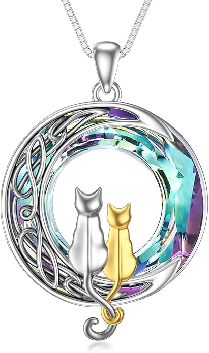 TOUPOP Christmas Cat Gifts for Cats Lovers One Two Three Four Cats Necklace Sterling Silver Cats on the Moon Pendant Necklace with Blue Circle Crystal Birthday Christmas Celtic Jewelry Gifts for Women