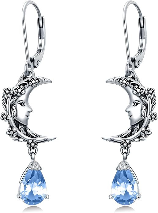 925 Sterling Silver Vintage Retro Oxidized Moon Crescent Dangle Drop Leverback Earrings with 12 Months Birthstone Jewelry Gifts for Women Her