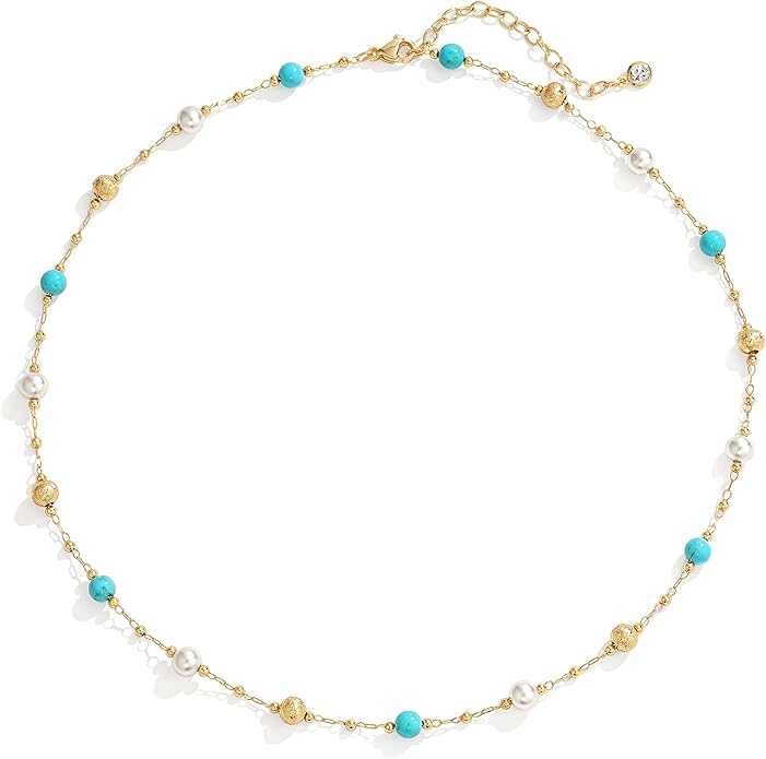 MTMY Beaded Necklaces for Women 14K Gold Plated Dainty Colorful Green/Rose Beaded Pearl Choker Necklace Delicate Boho Choker Necklace Jewelry Gift
