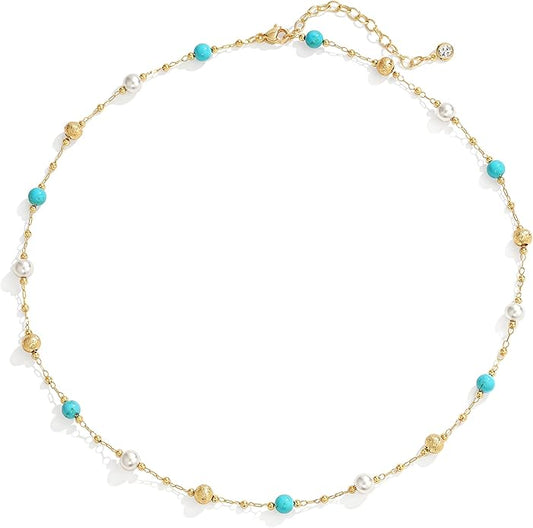 MTMY Beaded Necklaces for Women 14K Gold Plated Dainty Colorful Green/Rose Beaded Pearl Choker Necklace Delicate Boho Choker Necklace Jewelry Gift
