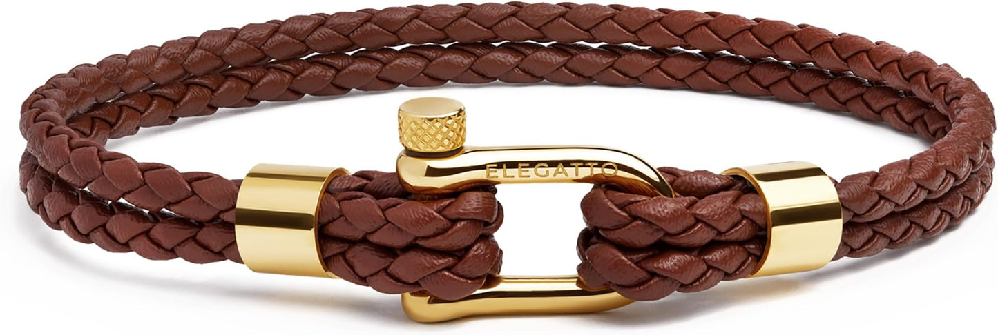 Elegatto Helix Premium Vintage Leather Bracelet for Men | Double Black Leather Strands with Sterling Silver Polished Mini Shackle Closure | Men’s Designer Jewelry