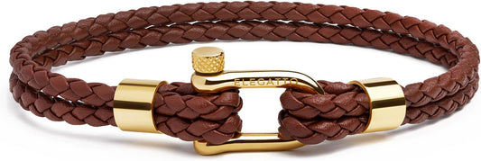 Elegatto Helix Premium Vintage Leather Bracelet for Men | Double Black Leather Strands with Sterling Silver Polished Mini Shackle Closure | Men’s Designer Jewelry