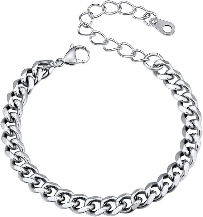 U7 Link Bracelets for Men, Cuban Link/Rope/Watch Band Solid Bracelet, Silver Black Gold Color Wrist Bracelet 3/6/9/12/15mm Width, 6.5/7.5/8.3 Inch Length, Hand Chain Jewelry for Mens Women