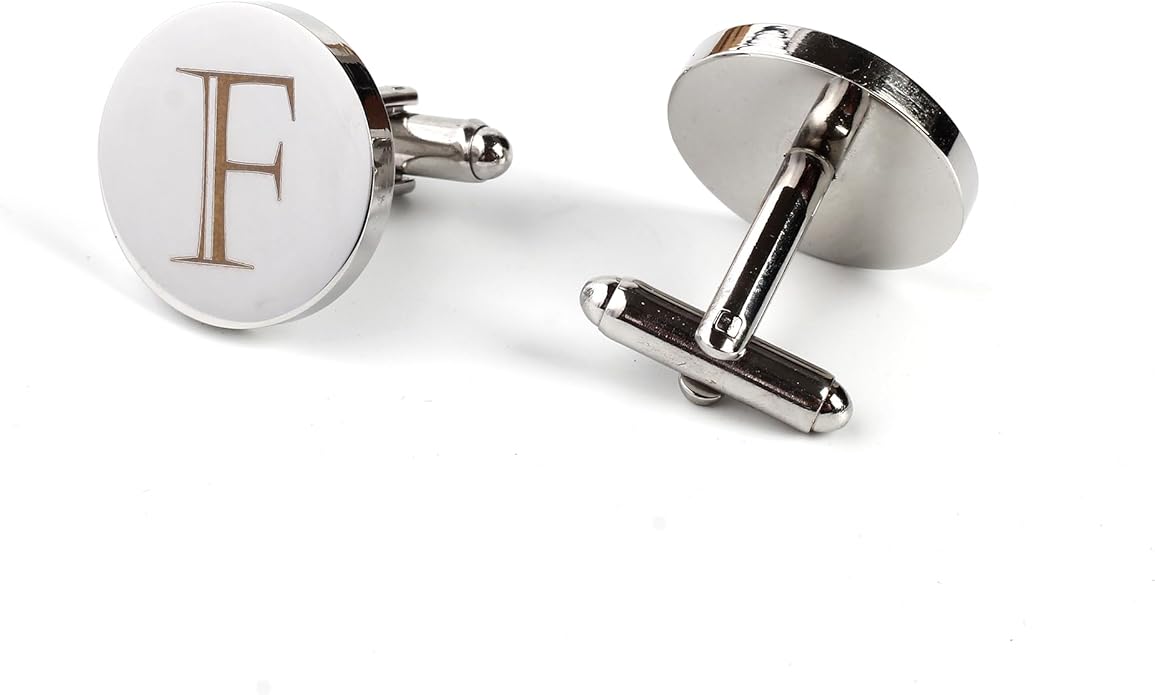 Mens Initial Silver Cufflinks A-Z Alphabet Letter Steel Cuff Links with Engraved Walnut Wood Box Groom Groomsman Wedding Set…