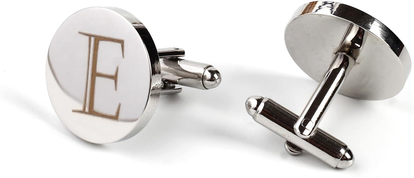 Mens Initial Silver Cufflinks A-Z Alphabet Letter Steel Cuff Links with Engraved Walnut Wood Box Groom Groomsman Wedding Set…
