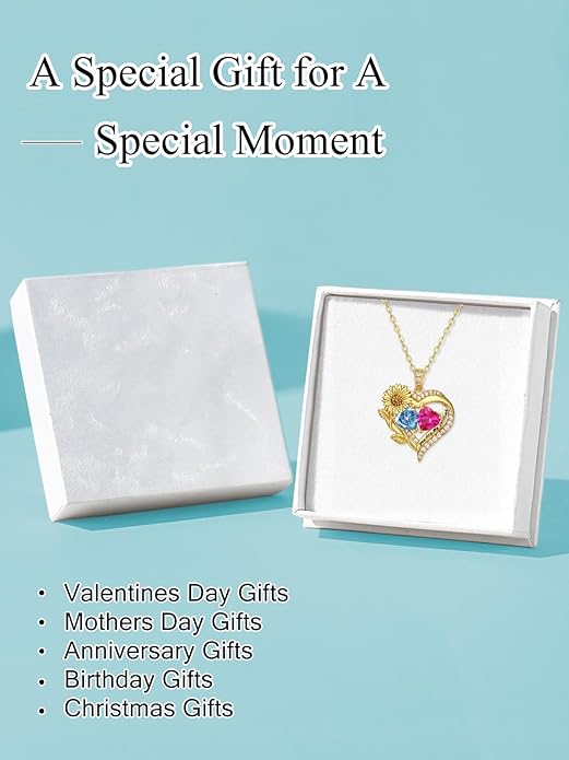 Sunflower Heart Necklace for Women 14K Gold Exquisite Anniversary Birthday Gifts for Wife Mother Her Double Birthstone Pendant jewelry‘You Are My Sunshine’