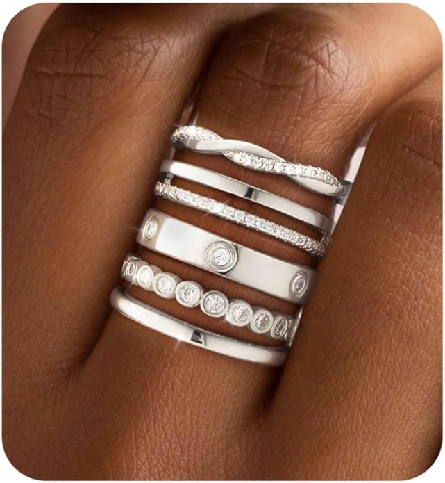 RLMOON Stackable Gold Rings for Women Non Tarnish Dainty 14K Gold/Silver Plated Stacking Thumb Rings Cubic Zirconia Eternity Wedding Band Rings Gold Jewelry Size 6-10