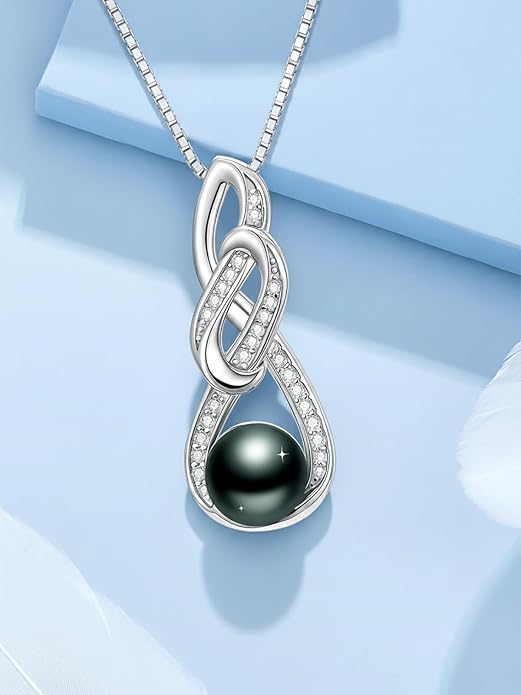 KANNSOAR Tahitian Black Pearl 18K White Gold Plated Sterling Silver Heart/Infinity/Four Leaf Clover Pendant Necklace Jewelry Gifts for Women Wife Mom Girlfriend Wedding Birthday Anniversary Christmas