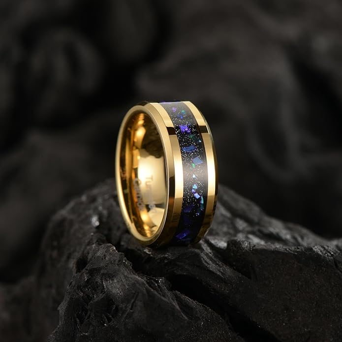 Men's 8mm Black/Gold Tungsten Carbide Wedding Ring Nebula Galaxy Wedding Promise Gold Foil Inlay Real Meteorite Matte Bevel Comfort Fit