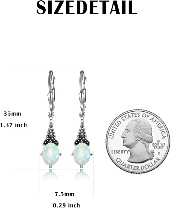 AOBOCO Vintage Earrings for Women Sterling Silver Retro Drop Dangle Leverback Earrings with 8x6mm Oval Genuine or Simulated Birthstone Crystal from Austria, Anniversary Jewelry Gifts for Her Women