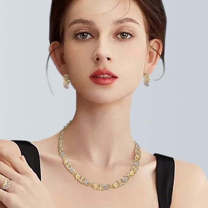 Gold Jewelry Sets for Women 18K Gold/Silver Filled Jewelry Necklace Set Wedding Bridal Fashion Jewelry Sets Women Accessories Bracelets Earrings and Rings Sweetheart Gifts