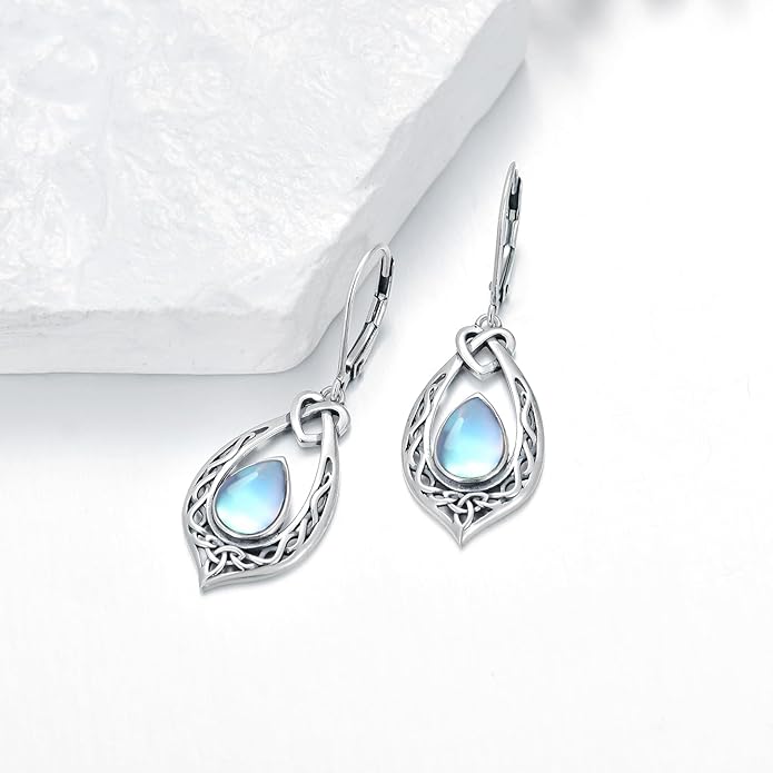Celtic Knot Dangle Earrings 925 Sterling Silver Oxidized Vintage Drop Leverback Earrings with 8 * 6mm Simulated Birthstone Crystal Christmas Jewelry Gifts for Women (Gift Box)