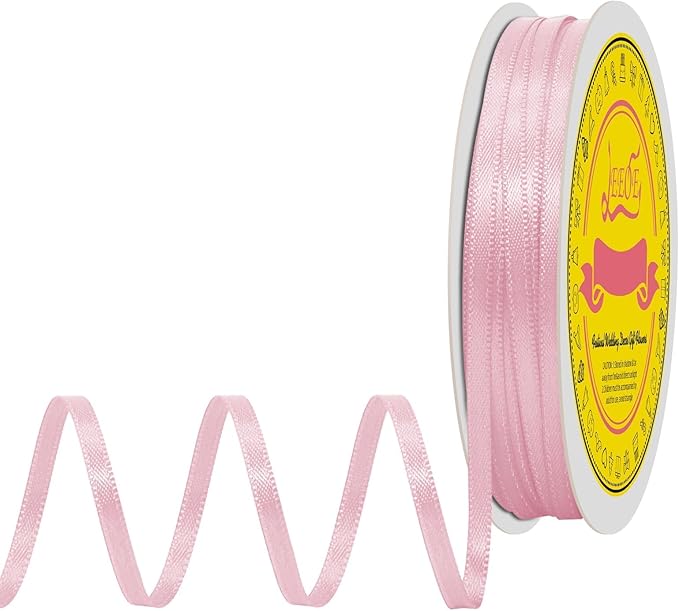 LEEQE Double Face Lt.Pink Satin Thin Ribbon 1/8 inch X 50 Yards Polyester Lt.Pink Ribbon for Gift Wrapping Very Suitable for Weddings Party Hair Bow Invitation Decorations and More