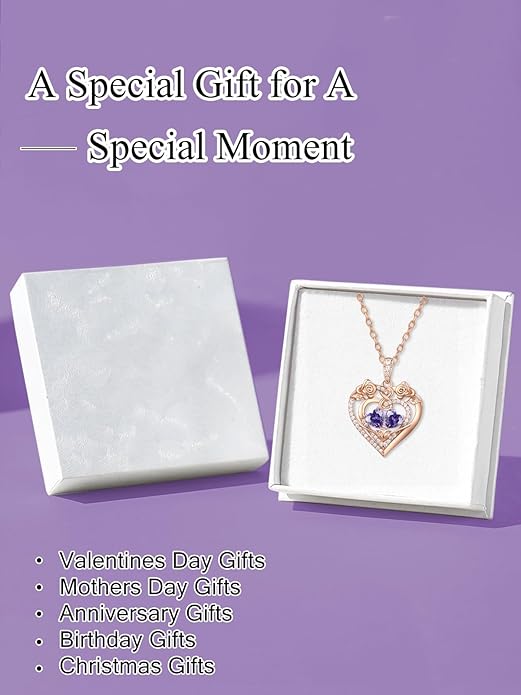JIYVY32 Rose Heart Necklace for Women Exquisite 925 Sterling Silver Anniversary Birthday Gifts for Wife Mom Her Double Birthstone Pendant Jewelry
