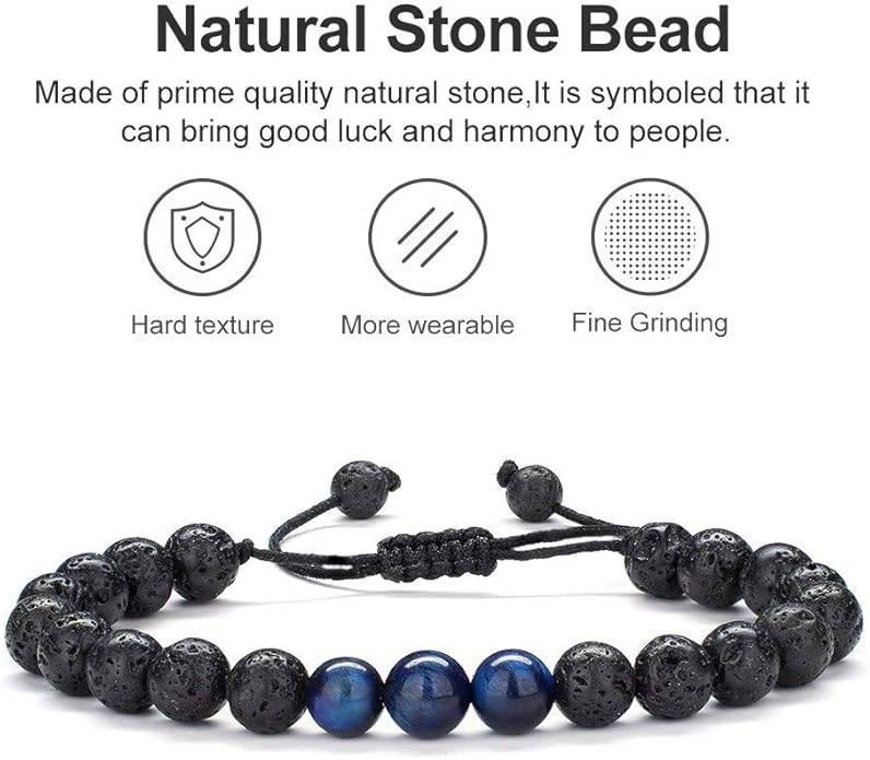 M MOOHAM Natural Stone Bracelets for Men - 8mm Tiger Eye, Matte Agate, Lava Rock - Teen Boys Gifts for Birthday, Anniversary, Christmas