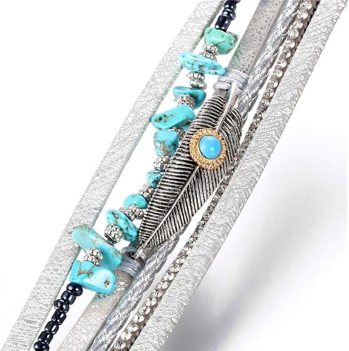 Fesciory Leopard Bracelet for Women, Boho Leather Wrap Multi-Layer Pearl Crystal Bracelet Bangle Jewelry