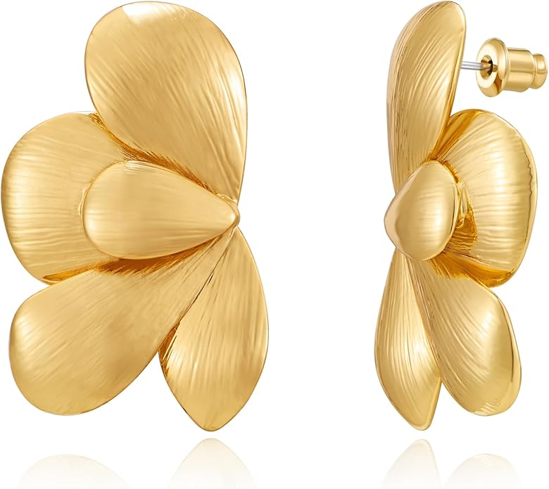 Chunky Gold Statement Earrings For Women Gold Plated Sectored Flower Leaf Shell Angel Wing Earrings Large Stud Earrings Hypoallergenic Earrings