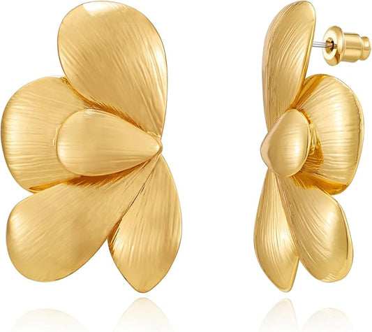 Chunky Gold Statement Earrings For Women Gold Plated Sectored Flower Leaf Shell Angel Wing Earrings Large Stud Earrings Hypoallergenic Earrings