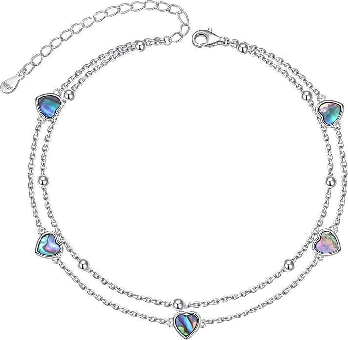 FLYOW Anklet for Women S925 Sterling Silver Adjustable Foot Beaded Heart Charm Ankle Bracelet Anklets Jewelry
