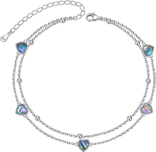 FLYOW Anklet for Women S925 Sterling Silver Adjustable Foot Beaded Heart Charm Ankle Bracelet Anklets Jewelry