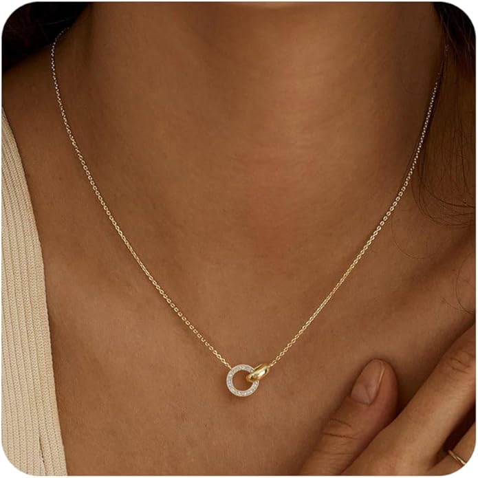 Gold Necklace for Women, Dainty 14K Gold Plated Pendant Necklaces for Women Trendy Simple Choker Chain Cubic Zirconia Circle/Interlocking/Sun Necklace Fashion Jewelry Birthday Christmas Gift