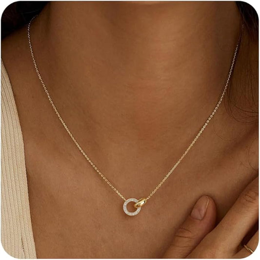 Gold Necklace for Women, Dainty 14K Gold Plated Pendant Necklaces for Women Trendy Simple Choker Chain Cubic Zirconia Circle/Interlocking/Sun Necklace Fashion Jewelry Birthday Christmas Gift