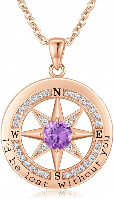 Compass Necklace for Women Wife Girlfriend Mom Daughter Gifts S925 Silver Jewelry For Anniversary Rose Gold Gifts For Birthday Christmas Mothers Valentines Day 12 Birthstones