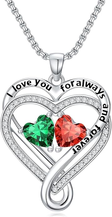 I Love You for Awlays and Forever Double Heart Necklace with Birthstone, 2 Birth Stone Jewelry Anniversary Valentines Mothers Day Christmas Birthday Gifts for Women Her Wife Girlfriend Mom Mother
