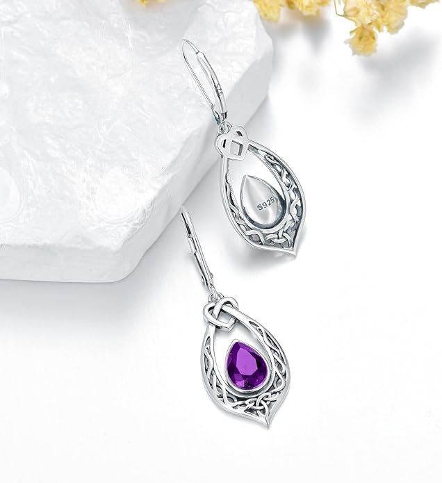 Celtic Knot Dangle Earrings 925 Sterling Silver Oxidized Vintage Drop Leverback Earrings with 8 * 6mm Simulated Birthstone Crystal Christmas Jewelry Gifts for Women (Gift Box)
