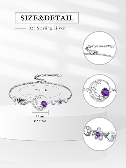 Moon and Star Birthstone Charm Link Bracelet 925 Sterling Silver Moon and Star Bracelet with 12 Months Birthstone Birthday Jewelry Gifts for Women Mom Her,Chain Length 7"+2" Extend