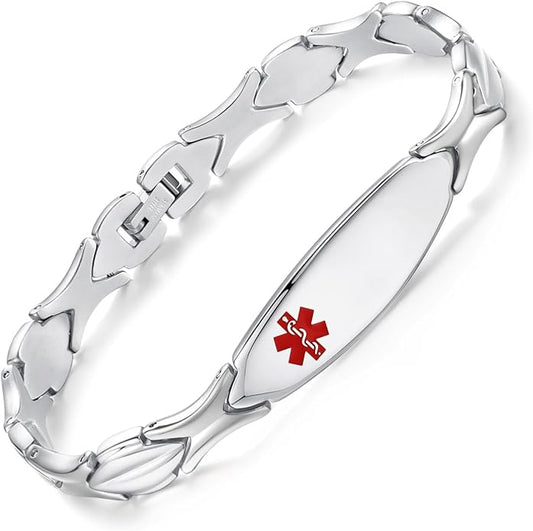 LinnaLove Fashion Shiny medical alert bracelet with Free Engraving Stainless steel Medical id bracelet for Women