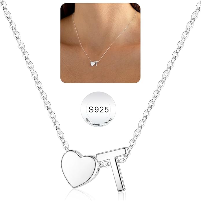 Turandoss Christmas Gifts for Grandkids, Dainty S925 Sterling Silver Heart Initial A-Z Necklace Trendy Silver Initial Jewelry Birthday Gifts for Girls Teen Girls