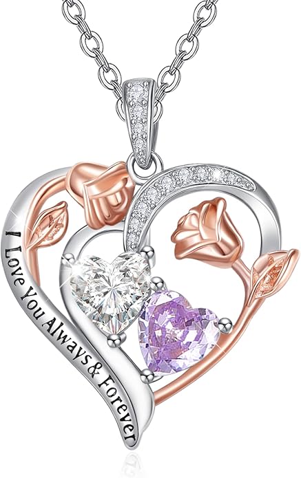 Zeuslia Double Birthstone Necklace Gifts for Wife - 925 Sterling Silver Sunflower/Rose/Crown Cross/Compass/Heart Pendant I Love You Necklace, Anniversary Birthday Gifts for Wife Girlfriend Mom Her