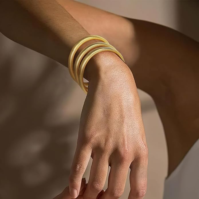 Emibele Gold Bangles Bracelet Set for Women, 18K Gold Plated Chunky Stainless Steel Non Tarnish Stretch Bracelet Stack, Flexible Wide Wristband Bangle Layered Snake Chain Bracelets