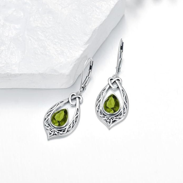 Celtic Knot Dangle Earrings 925 Sterling Silver Oxidized Vintage Drop Leverback Earrings with 8 * 6mm Simulated Birthstone Crystal Christmas Jewelry Gifts for Women (Gift Box)