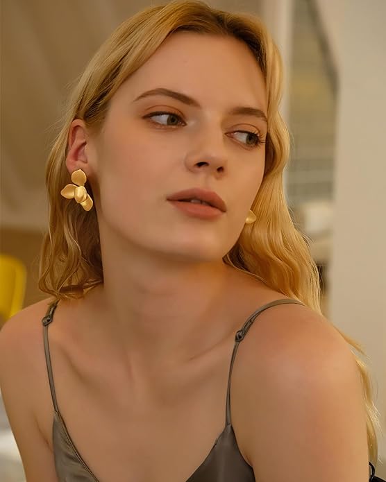 Chunky Gold Statement Earrings For Women Gold Plated Sectored Flower Leaf Shell Angel Wing Earrings Large Stud Earrings Hypoallergenic Earrings