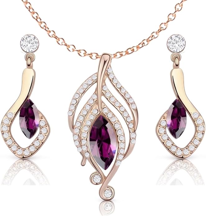 Crystalline Azuria Crystals Simulated Purple Amethyst Set Pendant Necklace 18 inches Earrings 18K Rose Gold Plated for Women