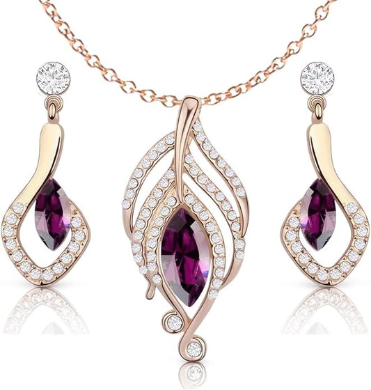 Crystalline Azuria Crystals Simulated Purple Amethyst Set Pendant Necklace 18 inches Earrings 18K Rose Gold Plated for Women