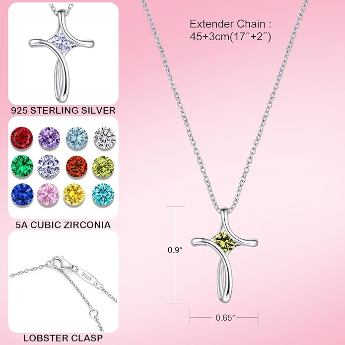 NINAMAID Cross Necklace for Women, 925 Sterling Silver Birthstone Necklace for Women with Diamond Sideways Cross Necklaces Birthstone Jewelry Birthday Gifts for Womens