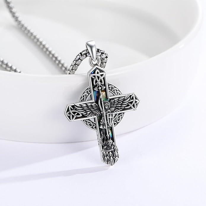 Midir&Etain Cross Necklace 925 Sterling Silver Celtic Christian Pendant Religious Protection Jewelry for Women Men
