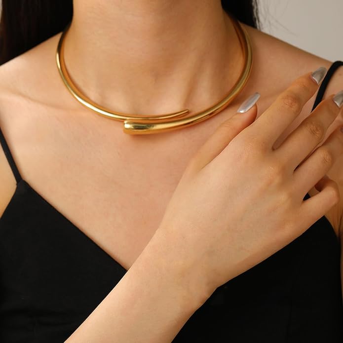 Chunky Plated Gold Necklace for Women Trendy Open Cuff Gold Collar Teardrop Thick Choker Gold Plating Statement Necklaces
