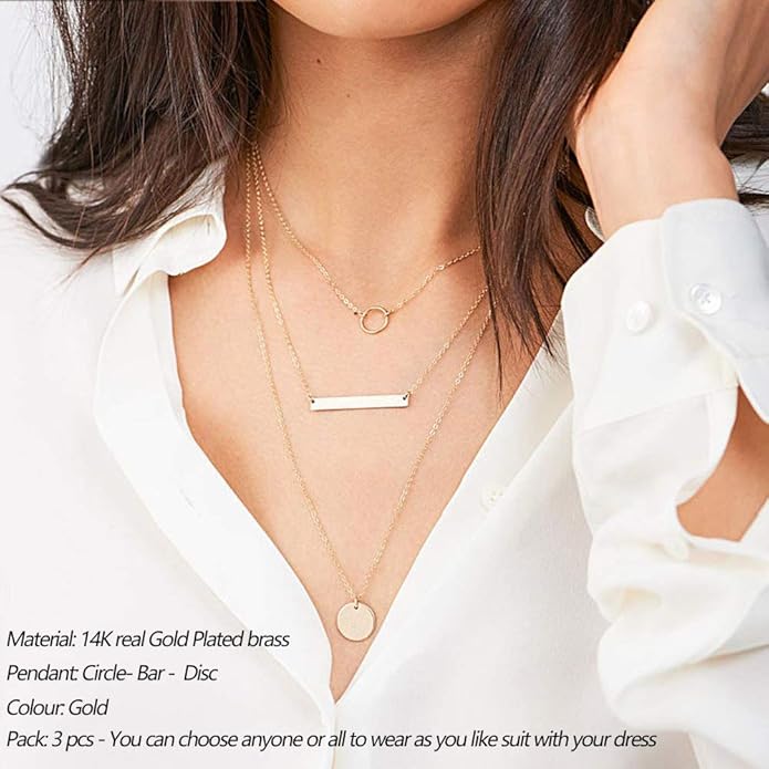 Turandoss Dainty Layered Choker Necklace, Handmade Y Pendant Necklace Multilayer Bar Disc Necklace Adjustable Layering Choker Necklaces for Women
