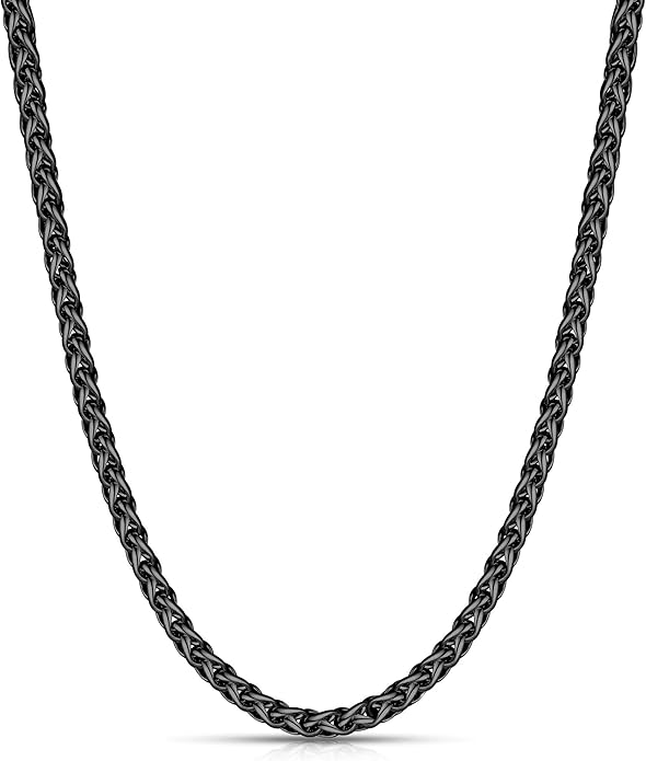 Fiusem Black Wheat Chains for Men and Women, 2/2.5/3/4/5mm Stainless Steel Necklace Chain, Mens Necklace Jewelry Gift 16-28 Inch
