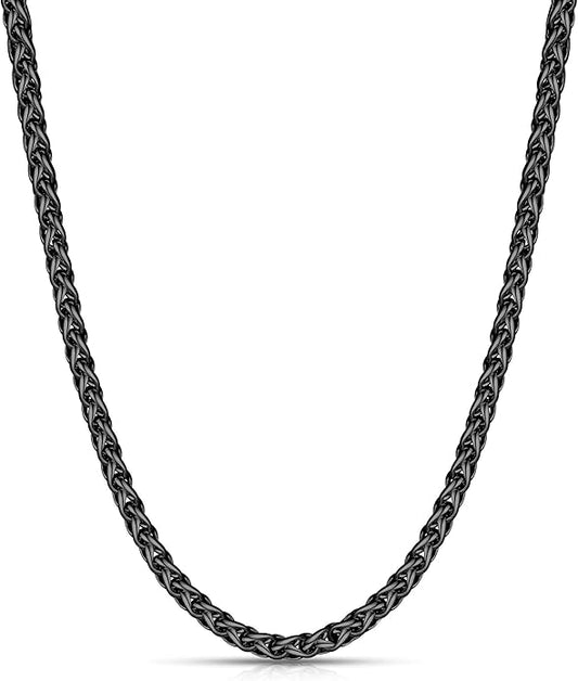 Fiusem Black Wheat Chains for Men and Women, 2/2.5/3/4/5mm Stainless Steel Necklace Chain, Mens Necklace Jewelry Gift 16-28 Inch