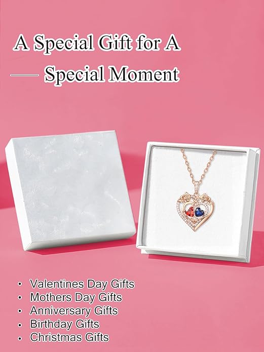 JIYVY32 Rose Heart Necklace for Women Exquisite 925 Sterling Silver Anniversary Birthday Gifts for Wife Mom Her Double Birthstone Pendant Jewelry