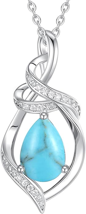 FANCIME Teardrop Gemstone Necklace for Women S925 Sterling Silver Elegant Ribbon Pendent Birthday Gifts for Her, 16"+2" Inches