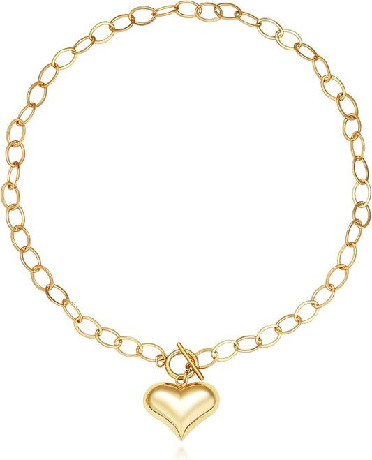 Chunky Gold Necklace for Women, 18K Waterproof Heart Necklace Statement Necklace Gold Charm Necklace Chunky Jewelry Paperclip Chain Choker Gift for Women
